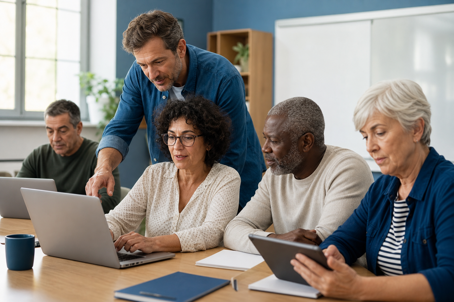 Personas adultas aprendiendo a usar ordenadores y tabletas con apoyo docente
