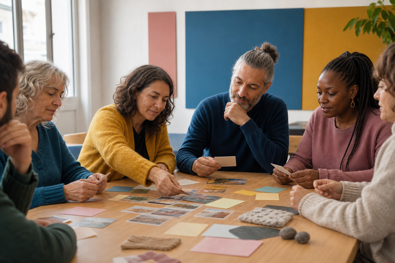 Grupo de personas adultas explorando materiales sobre patrimonio y cultura regional