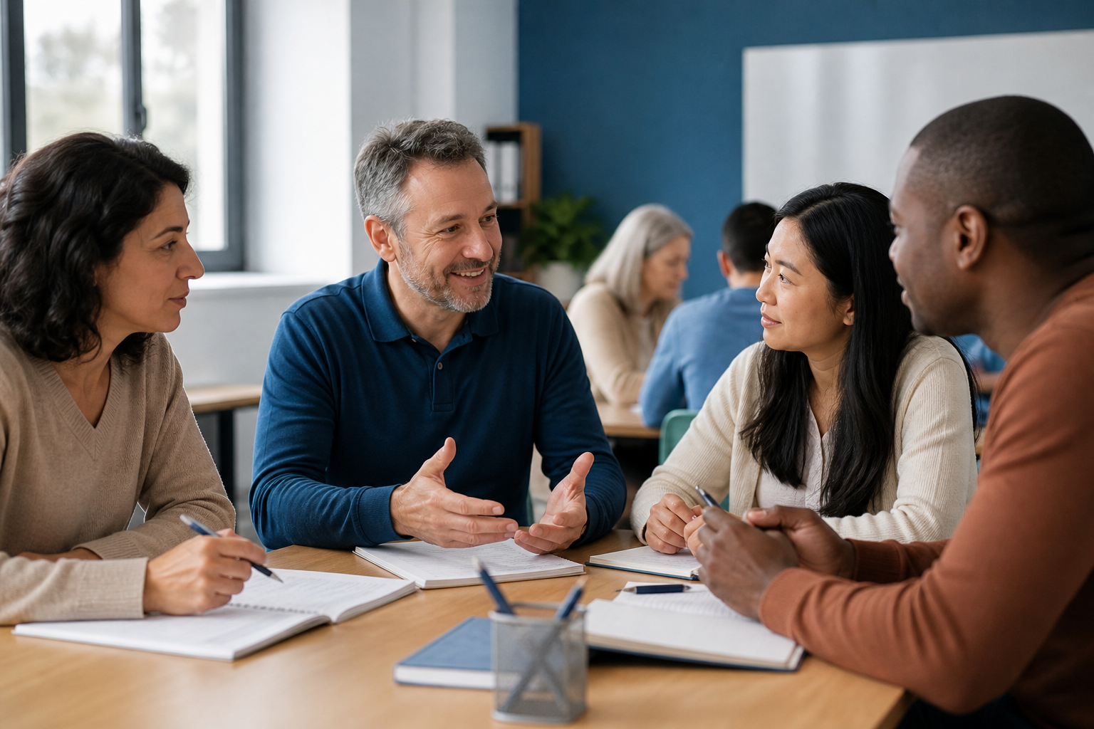 Grupo de personas adultas practicando conversación en un aula