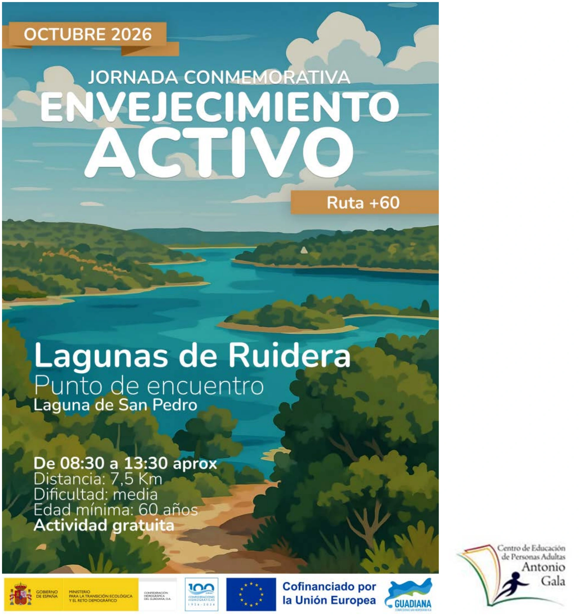 Panel ilustrado de la ruta +60 en las Lagunas de Ruidera, con paisaje, datos de la ruta y logotipos institucionales.