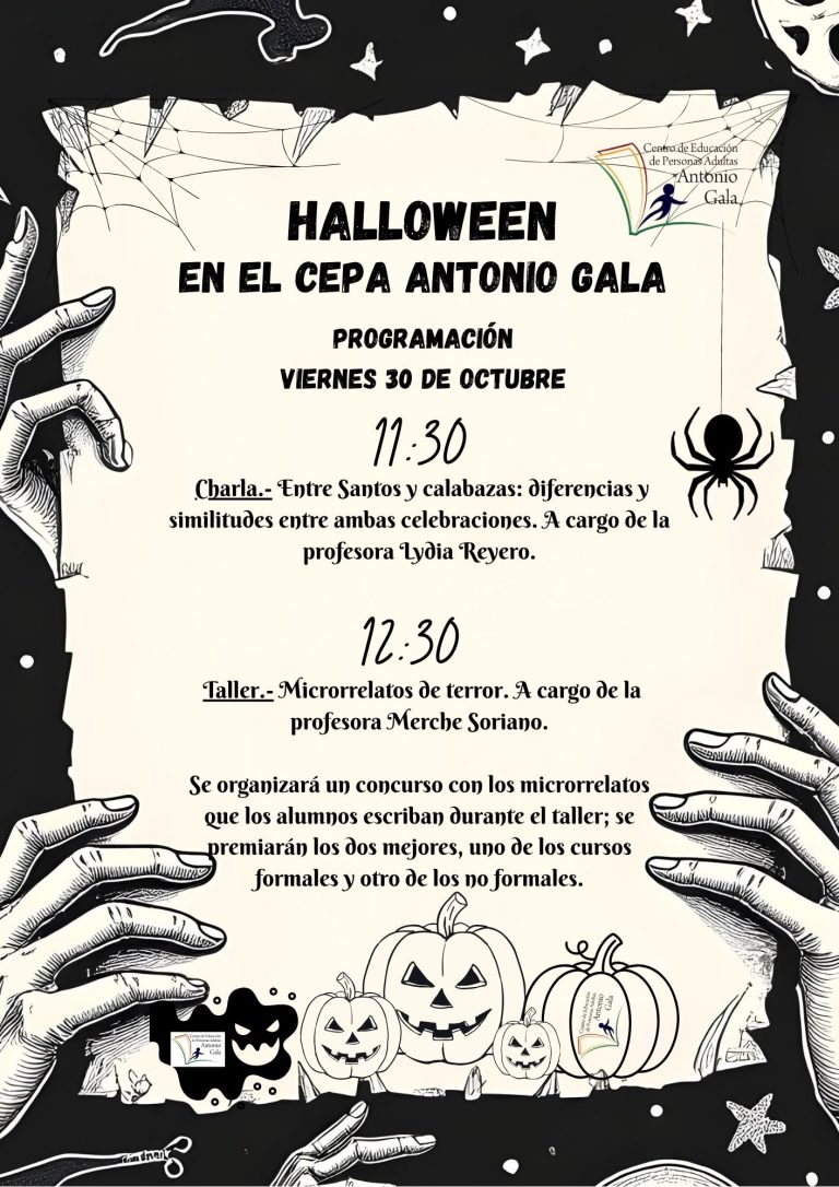 Cartel de Halloween en el CEPA Antonio Gala, con la programación del viernes 30 de octubre, transcrita en esta entrada