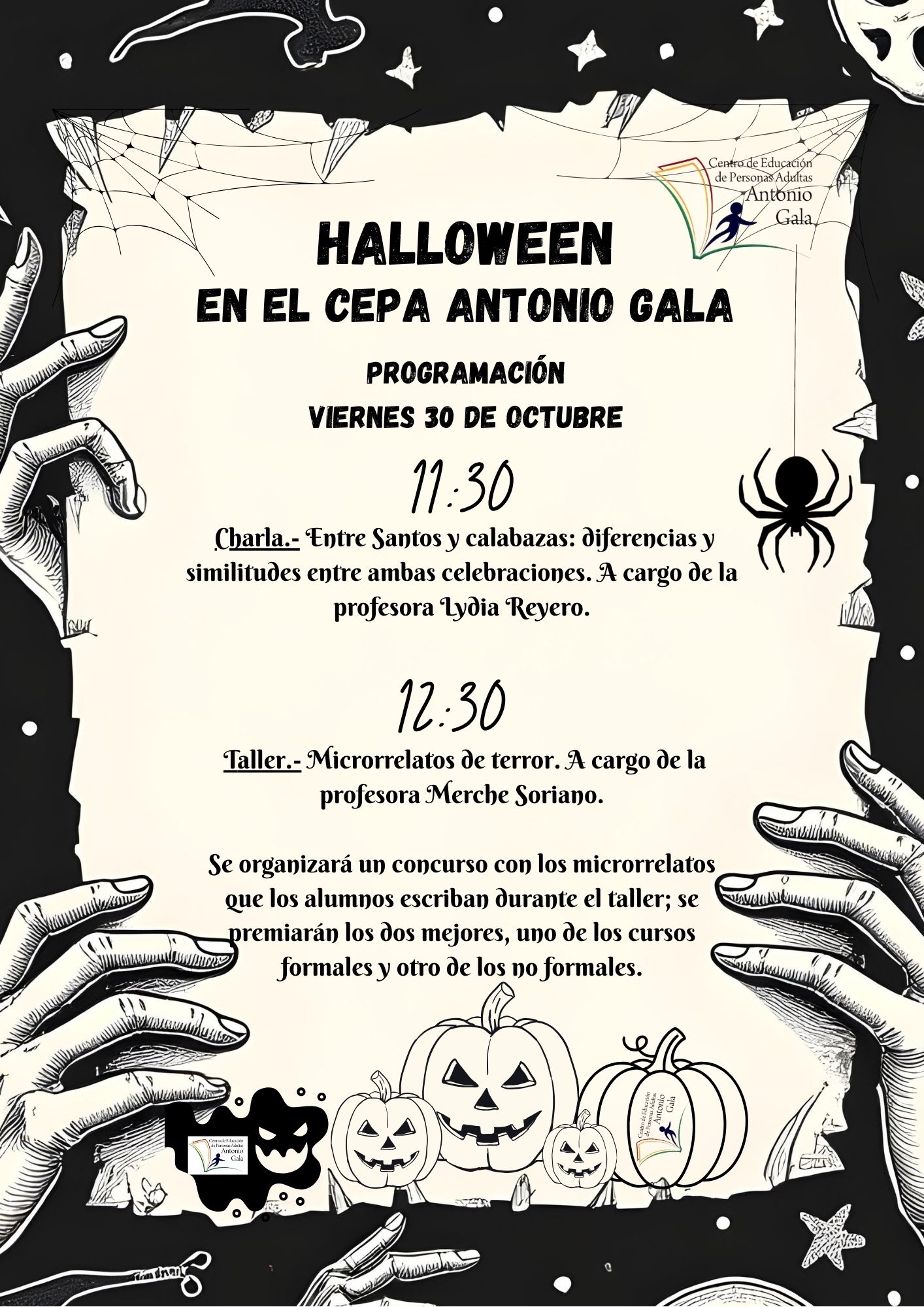 Cartel de Halloween en el CEPA Antonio Gala, con la programación del viernes 30 de octubre, transcrita en esta entrada